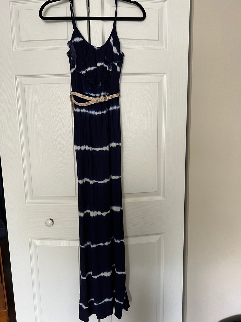 Iz Byer Navy and White Tie-Dye Spaghetti-Strap Maxi Dress with Braided Belt